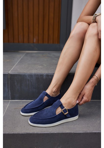 Orbita Kadin Lacivert Gercek Deri Suet Loafer Ayakkabi