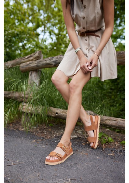 Adito Kadın Altın Gercek Deri Cırtlı Eva Taban Sandalet