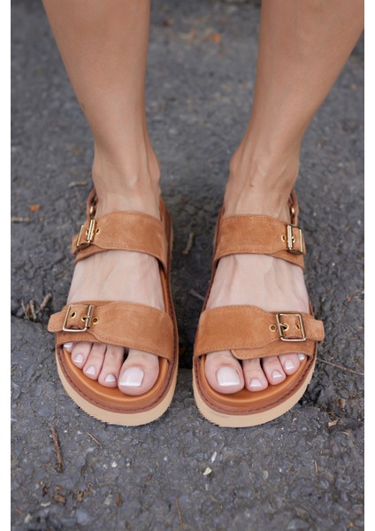 Adito Kadın Altın Gercek Deri Cırtlı Eva Taban Sandalet