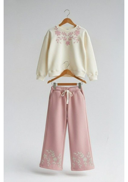 Çiçek Simli Kabartma Baskılı Sweat & Geniş Paça kız çocuk takım - Pembe