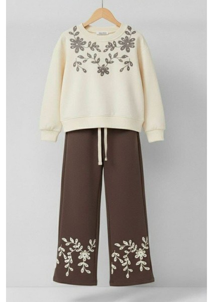 Çiçek Simli Kabartma Baskılı Sweat & Geniş Paça kız çocuk takım - Kahve