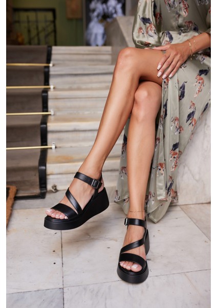 Aspetto Kadin Siyah Gercek Deri Dolgu Taban Sandalet modelleri