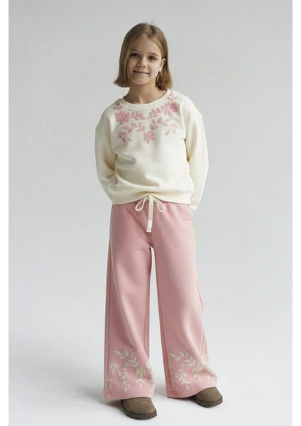 Çiçek Simli Kabartma Baskılı Sweat & Geniş Paça kız çocuk takım - Pembe fiyatları