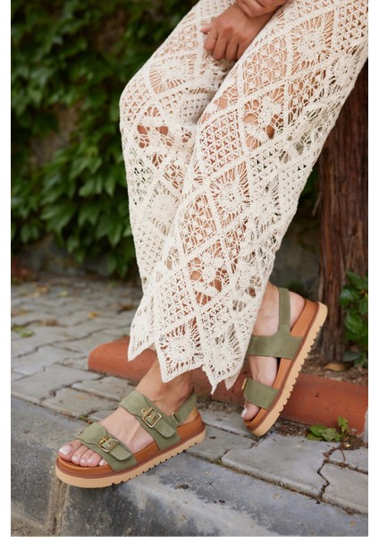 Adito Kadın Altın Gercek Deri Cırtlı Eva Taban Sandalet