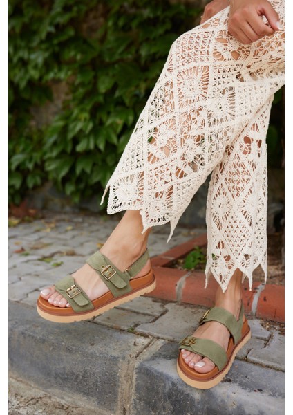 Adito Kadın Altın Gercek Deri Cırtlı Eva Taban Sandalet