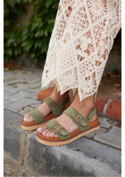 Adito Kadın Altın Gercek Deri Cırtlı Eva Taban Sandalet