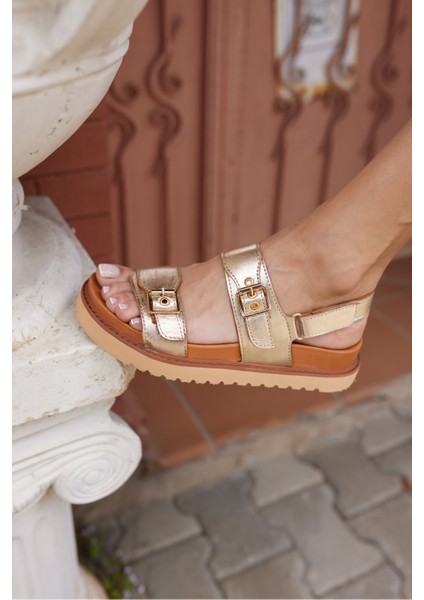 Adito Kadın Altın Gercek Deri Cırtlı Eva Taban Sandalet