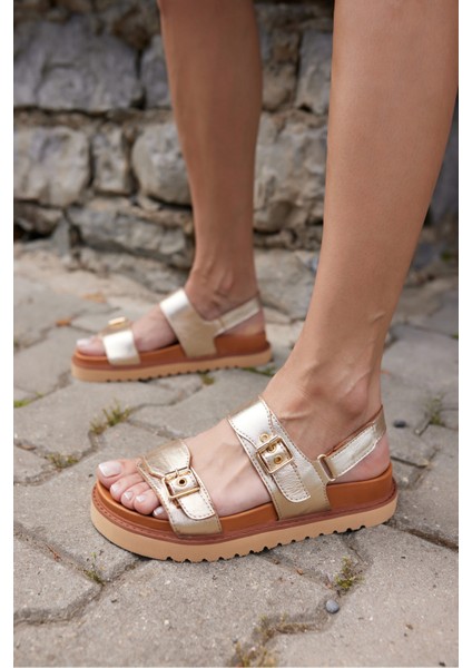 Adito Kadın Altın Gercek Deri Cırtlı Eva Taban Sandalet