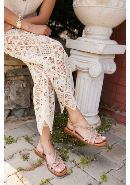 Tasso Kadın Bej Gercek Deri Alçak Taban Sandalet