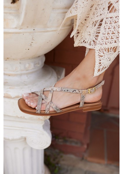 Tasso Kadın Bej Gercek Deri Alçak Taban Sandalet