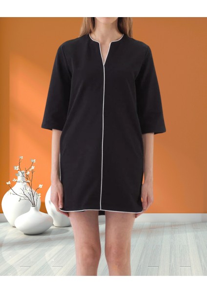 xint Kadın Siyah Bisiklet Yaka Truvakar Kol Yan Cepli Biye Detaylı Mini Boy Elbise