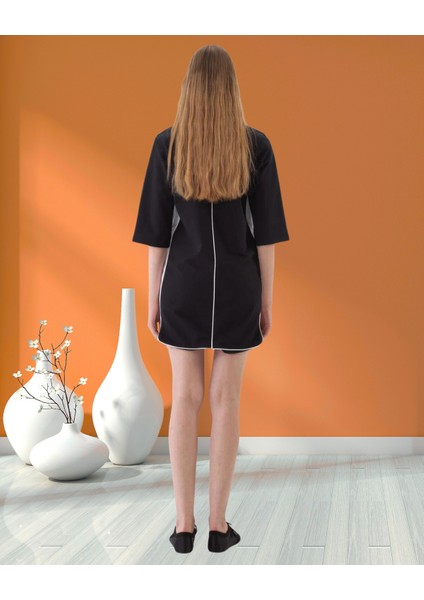 xint Kadın Siyah Bisiklet Yaka Truvakar Kol Yan Cepli Biye Detaylı Mini Boy Elbise