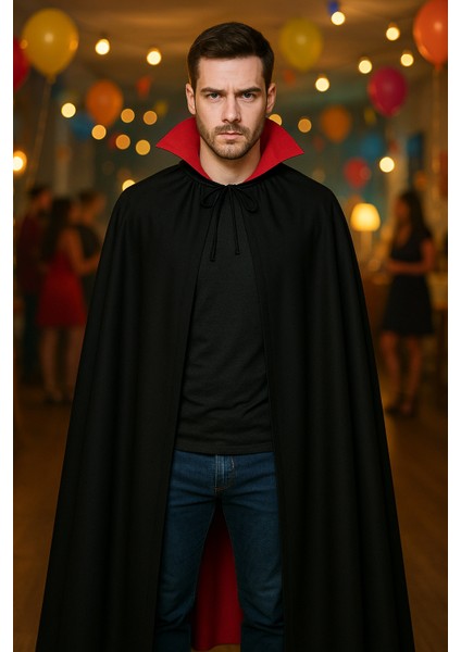 Cadılar Bayramı Halloween Kostüm Partisi Vampir Kan Emici Kont Drakula Kırmızı Yaka Pelerin 120 cm