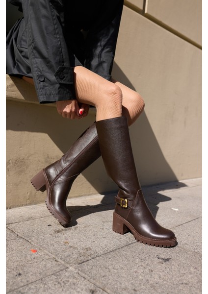 Teodor Kadin Kahverengi̇ Toka Detay Gercek Deri̇ Çi̇zme