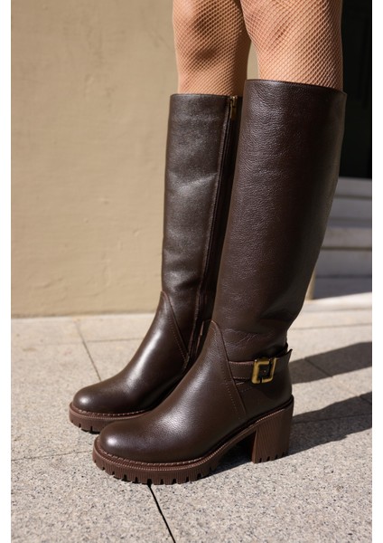 Teodor Kadin Kahverengi̇ Toka Detay Gercek Deri̇ Çi̇zme