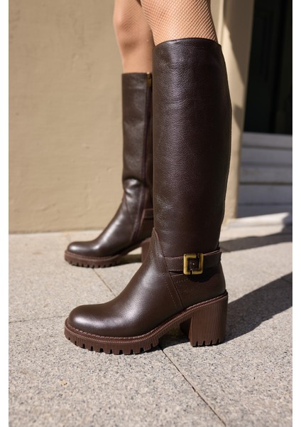 Teodor Kadin Kahverengi̇ Toka Detay Gercek Deri̇ Çi̇zme