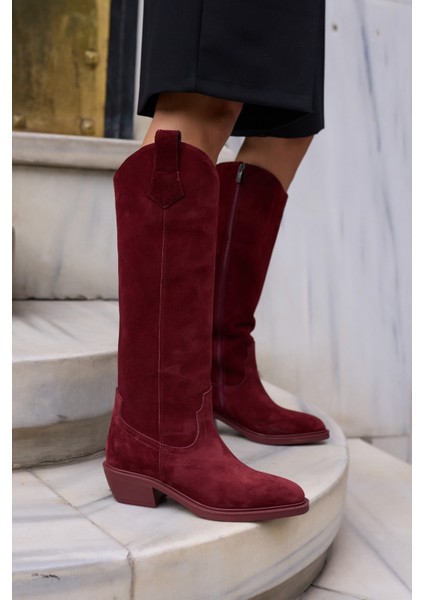 Castro Kadin Bordo Gercek Deri Suet Western Çizme