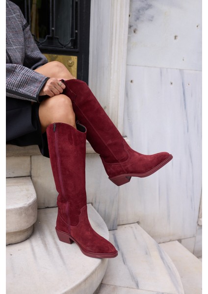 Castro Kadin Bordo Gercek Deri Suet Western Çizme modelleri