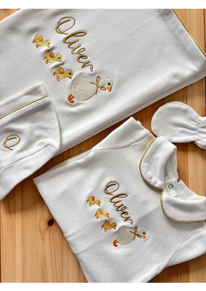 isim Nakışlı Civciv 4'lü Yenidoğan Tulum Bebek Seti - %100 Pamuk Battaniye, Tulum, Şapka, Eldiven