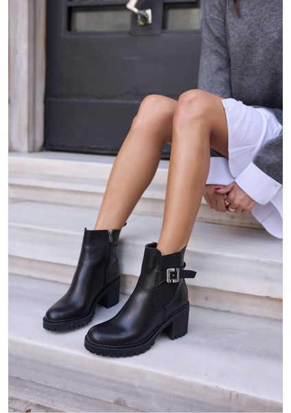 Karol Kadın Siyah Gercek Deri Kalin Topuklu Bot modelleri