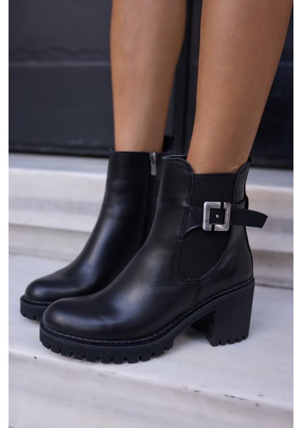 Karol Kadın Siyah Gercek Deri Kalin Topuklu Bot fırsatları