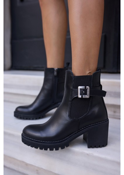 Karol Kadın Siyah Gercek Deri Kalin Topuklu Bot indirimleri