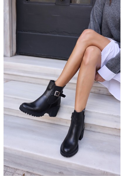 Karol Kadın Siyah Gercek Deri Kalin Topuklu Bot