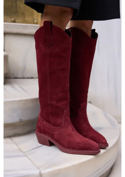 Castro Kadin Bordo Gercek Deri Suet Western Çizme