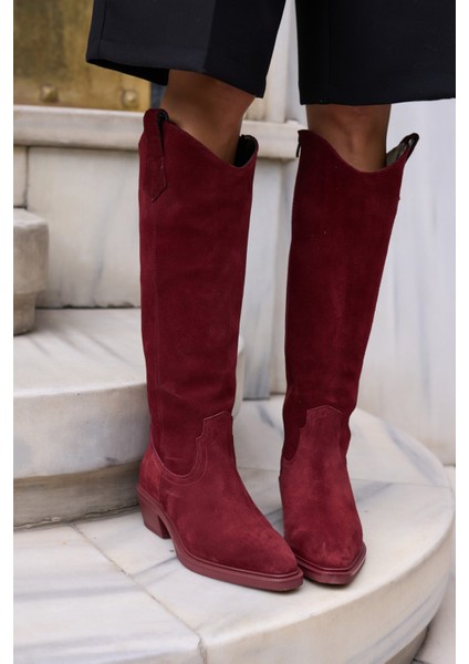 Castro Kadin Bordo Gercek Deri Suet Western Çizme