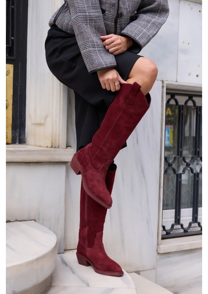 Castro Kadin Bordo Gercek Deri Suet Western Çizme