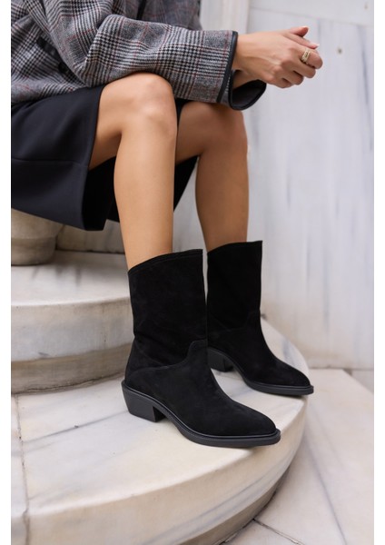 Bellino Kadin Siyah Gercek Suet Astarsiz Western Bot