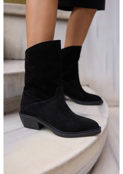 Bellino Kadin Siyah Gercek Suet Astarsiz Western Bot