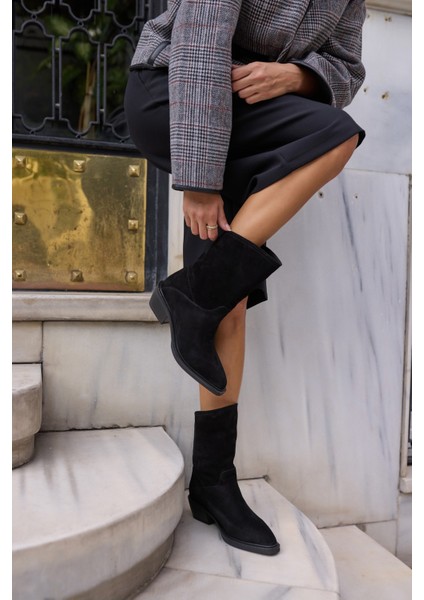 Bellino Kadin Siyah Gercek Suet Astarsiz Western Bot