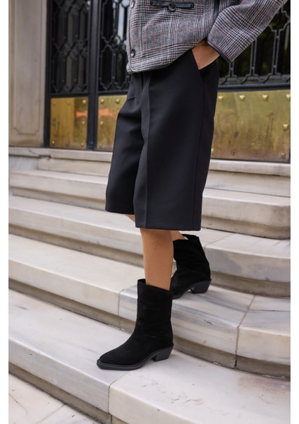 Bellino Kadin Siyah Gercek Suet Astarsiz Western Bot