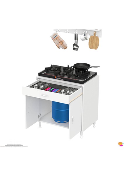 Asel (Xxl) Set Ocak Altı Dolap Kapaklı Mutfak Dolabı Tüp Bölme ve Baharat Raflı Beyaz 75X88X56 cm