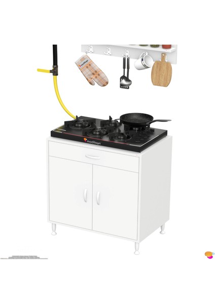 Asel (Xxl) Set Ocak Altı Dolap Kapaklı Mutfak Dolabı Tüp Bölme ve Baharat Raflı Beyaz 75X88X56 cm