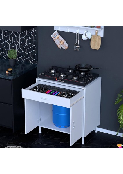 Asel (Xxl) Set Ocak Altı Dolap Tek Çekmece 2 Kapaklı ve 1 Gözlü Tüp Bölmeli Beyaz Dolap 75X88X48 cm