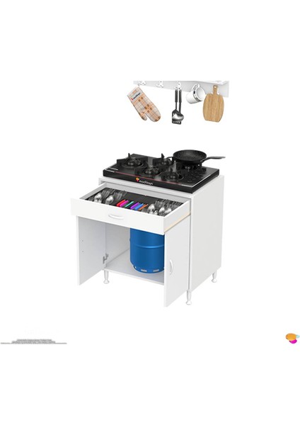 Asel (Xxl) Set Ocak Altı Dolap Tek Çekmece 2 Kapaklı ve 1 Gözlü Tüp Bölmeli Beyaz Dolap 75X88X48 cm