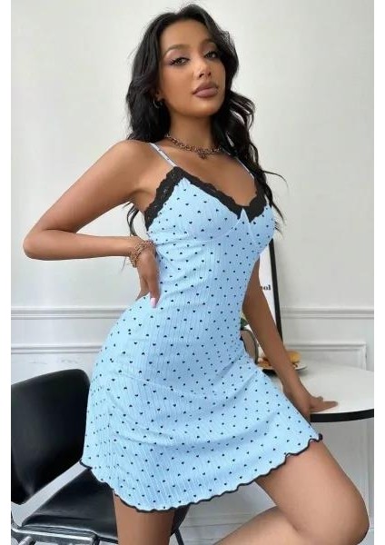 Kadın Bebe Mavisi Kalp Desenli Askılı Dantel Detaylı Elbise 5068 fiyatları