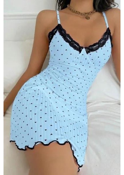 Kadın Bebe Mavisi Kalp Desenli Askılı Dantel Detaylı Elbise 5068 modelleri