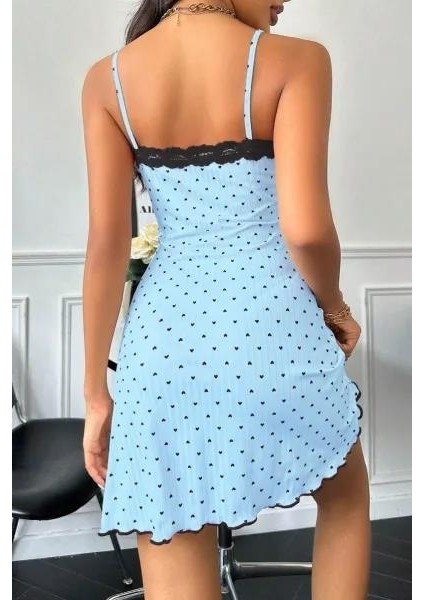 Kadın Bebe Mavisi Kalp Desenli Askılı Dantel Detaylı Elbise 5068 fırsatları