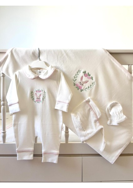 Babiesfirst pembe Biyeli Minik Tavşan Nakışlı 4'lü Bebek Tulum Seti - Bebeğe Özel Hastane Çıkışı Tulumu fiyatları