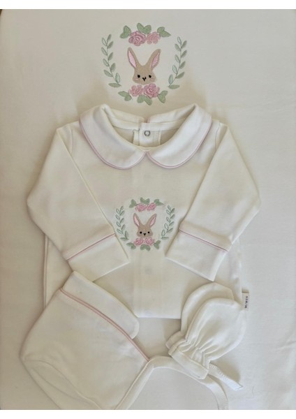 Babiesfirst pembe Biyeli Minik Tavşan Nakışlı 4'lü Bebek Tulum Seti - Bebeğe Özel Hastane Çıkışı Tulumu
