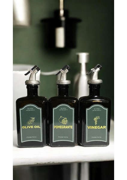 Çelik Stantlı Amber Zeytinyağı Sıvıyağ Sirke Şişesi Yağdanlık Vintage Retro 3lü Set