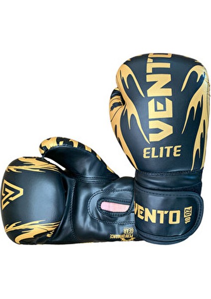 Elite Boks Eldiveni 10 oz Kick-Boks İçin Cırt Bantlı PU Malzeme Altın Siyah