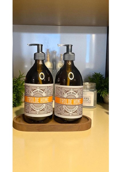 Home Ahşaplı 2'li Amber Cam Sıvı Sabun Bulaşık Deterjanı Şişesi Sabunluk