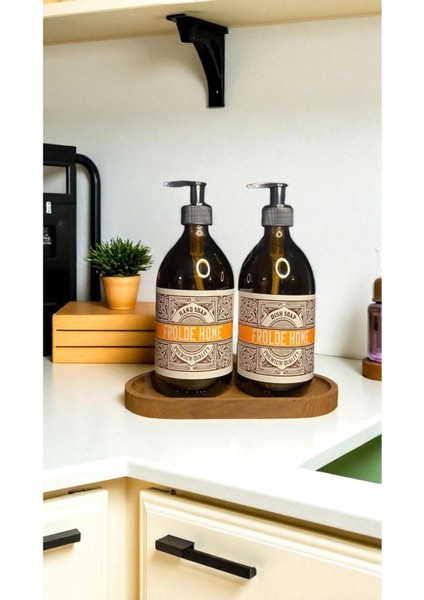 Home Ahşaplı 2'li Amber Cam Sıvı Sabun Bulaşık Deterjanı Şişesi Sabunluk indirimleri