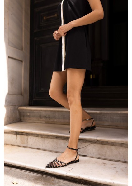 Zeyna Kadin Siyah Özel Dizayn Taş Babet