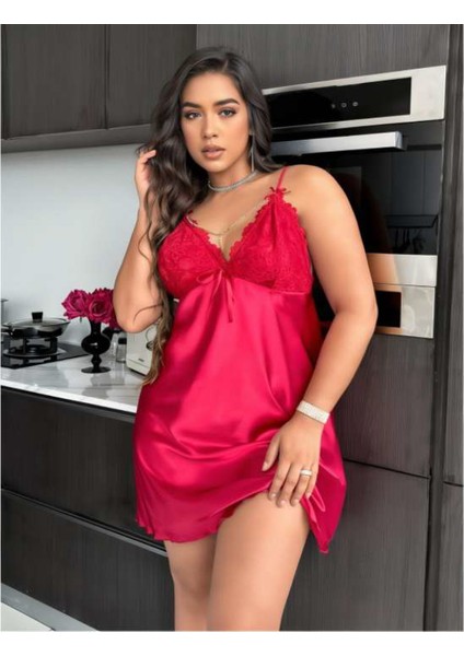 Kırmızı Büyük Beden Saten Gecelik