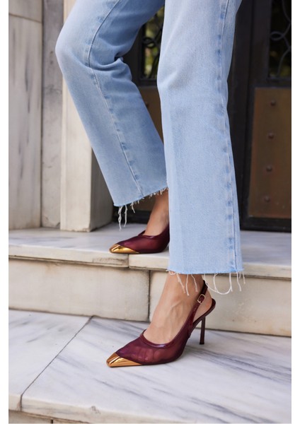 Leno Kadın Bordo Tul Detay Burun Demırlı Sandalet